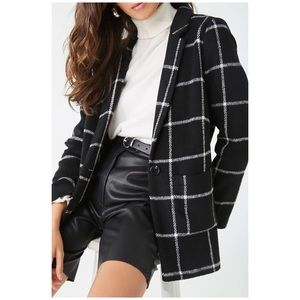 Black White Brushed Grid Print Blazer Jacket